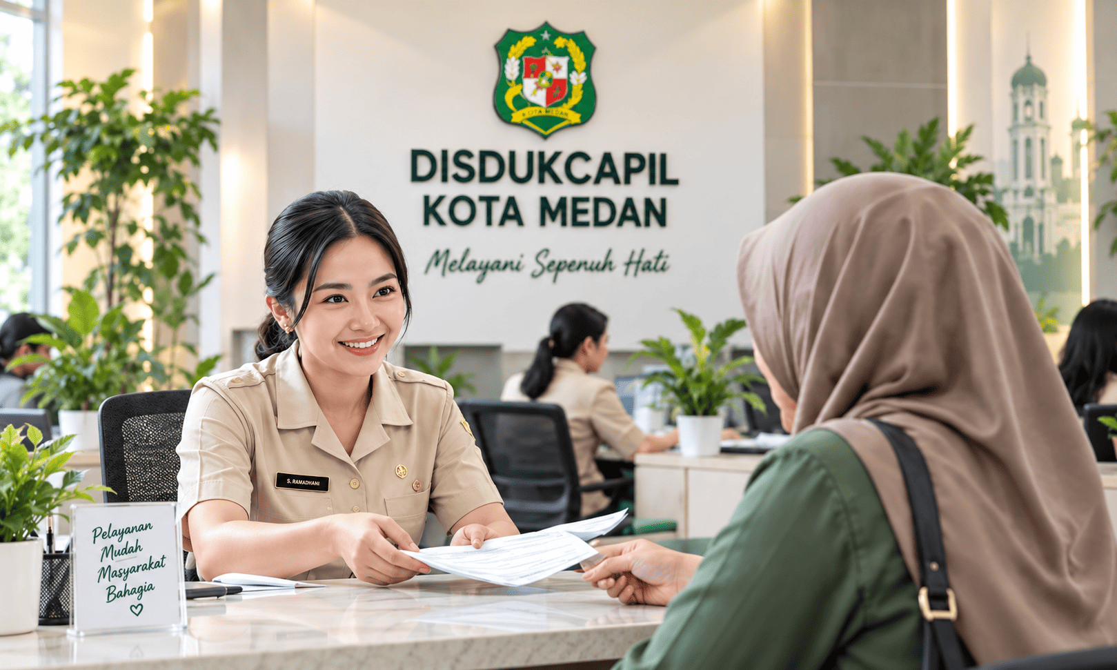 Ilustrasi petugas membantu warga memahami persyaratan dokumen di meja pelayanan.