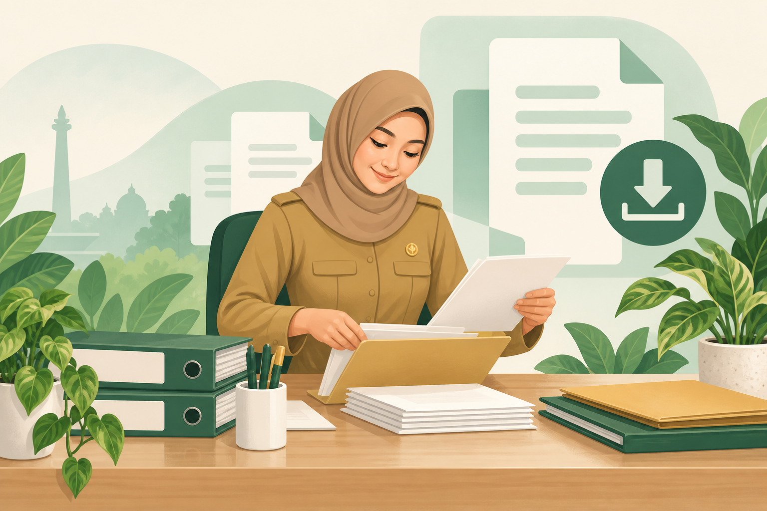 Ilustrasi petugas menyiapkan formulir dan dokumen publik.