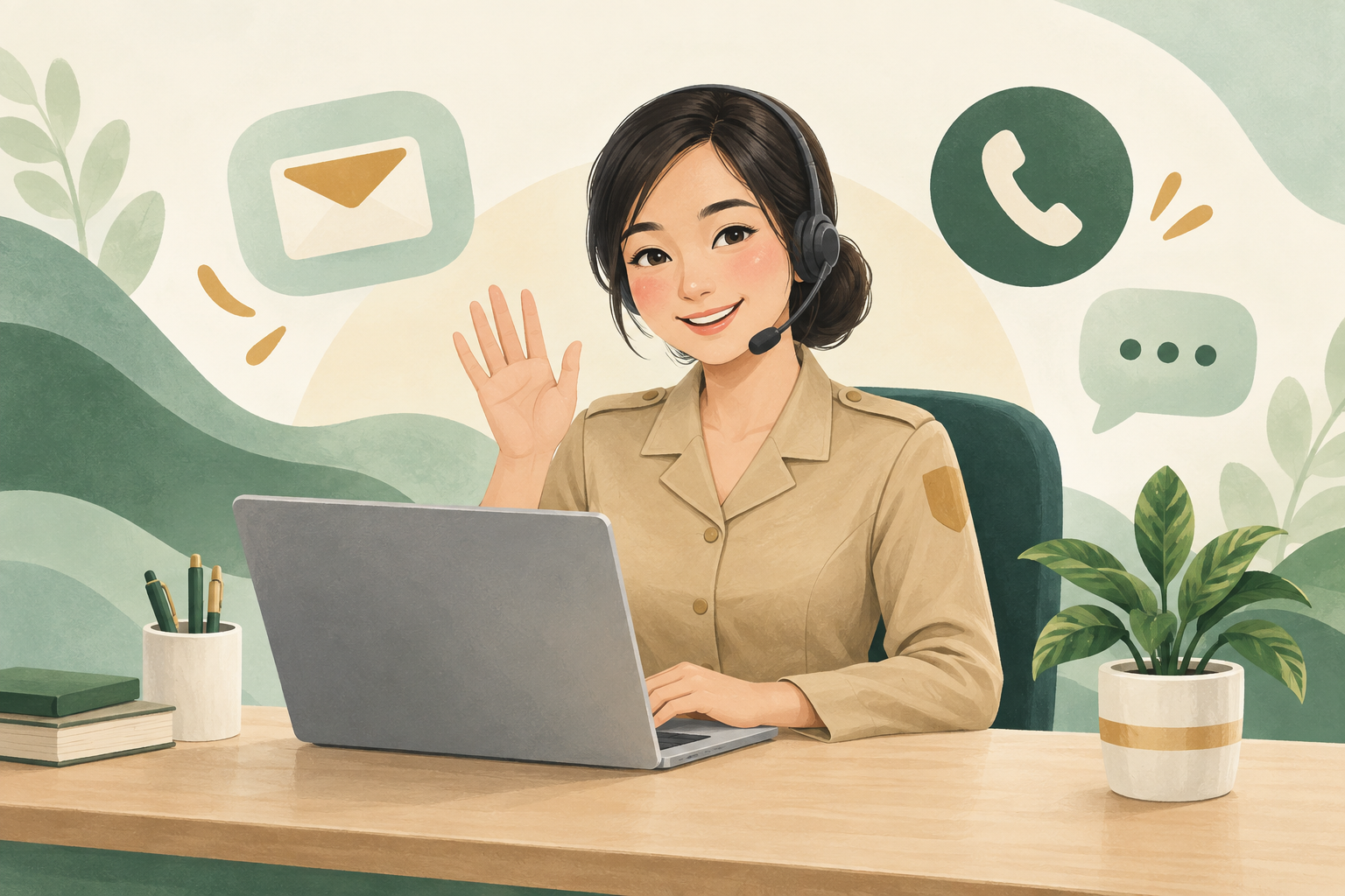 Ilustrasi petugas layanan kontak dengan simbol telepon, email, dan percakapan.