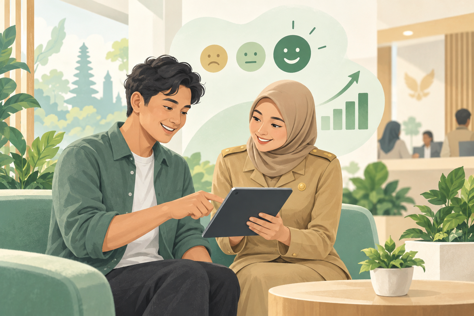 Ilustrasi warga memberikan penilaian pelayanan melalui tablet.