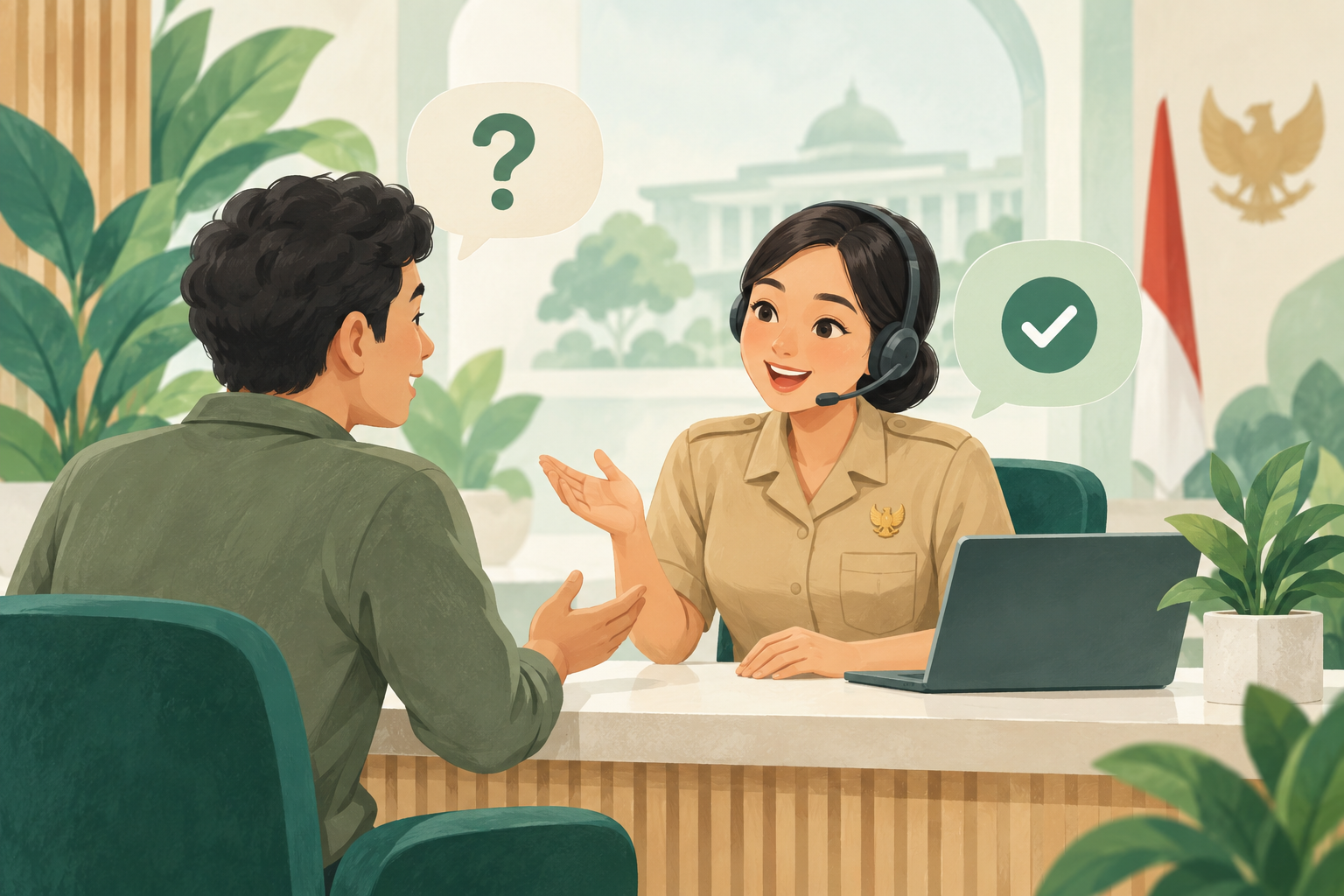 Ilustrasi petugas pusat bantuan menjawab pertanyaan warga.