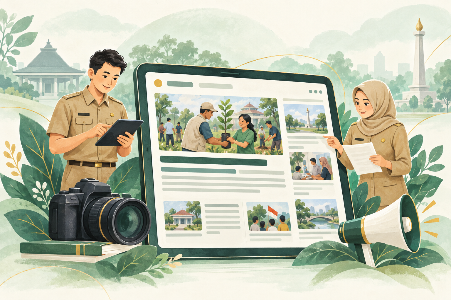 Ilustrasi publikasi berita digital, kamera, dan petugas yang menyampaikan informasi kegiatan masyarakat.