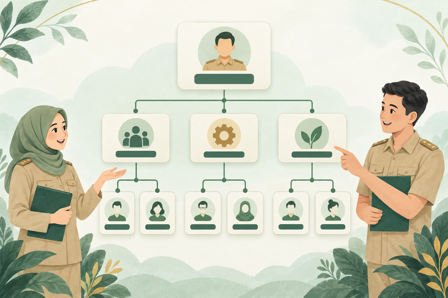 Ilustrasi bagan pimpinan, unit kerja, dan anggota tim yang saling terhubung.